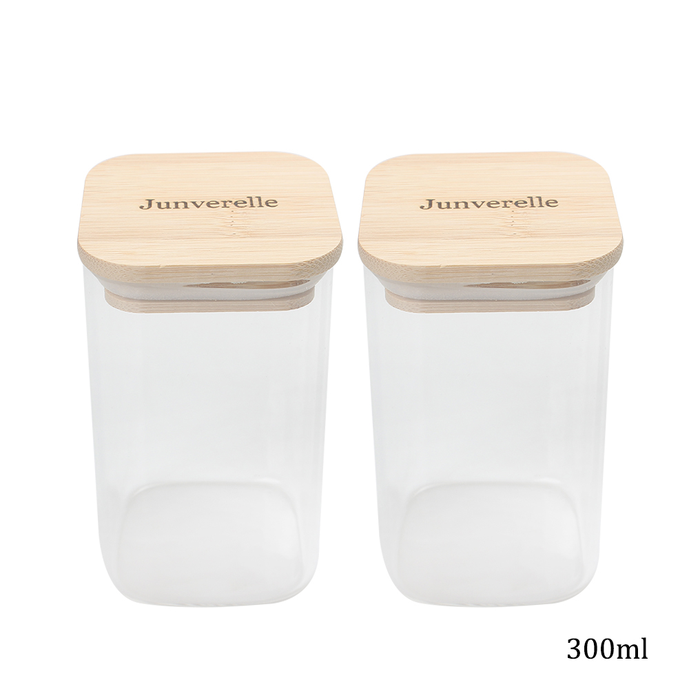 Junverelle Square Glass Canisters with Bamboo Lids - Airtight Food Storage Containers for Kitchen Use - Coffee, Tea, Sugar, Flour, Spices & Pantry Organization - 300ml 2-Pack
