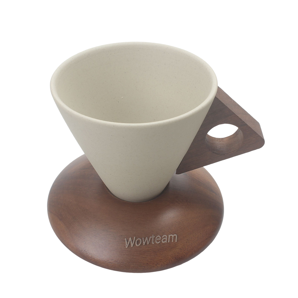 Wowteam Unique Conical Ceramic Coffee Cups Set with Wooden Saucer & Handle - Perfect for Home, Office, Afternoon Tea