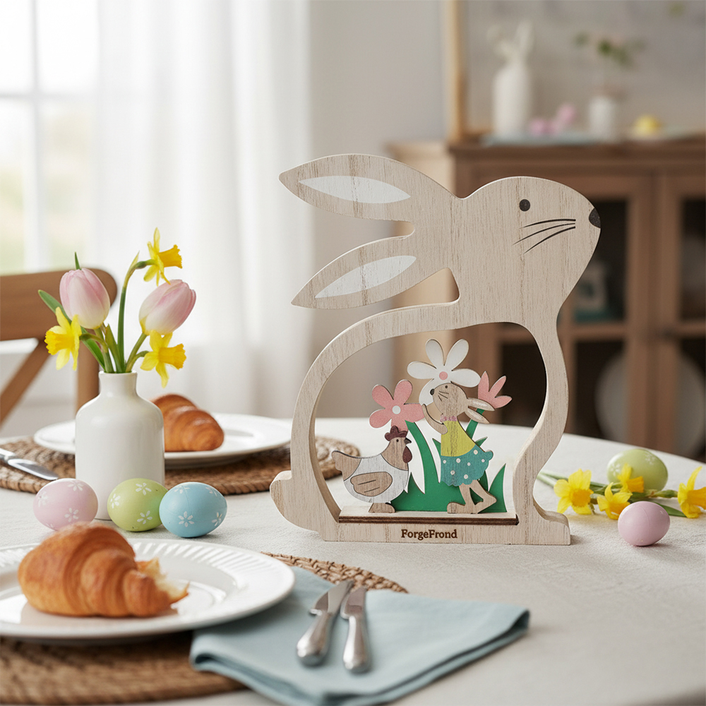 ForgeFrond Easter Bunny Decorations - Works of Art of Wood, Wooden Rabbit Figurine for Home Tabletop, Rustic Easter Gift for Kids & Family, Entryway,Living Room & Office Decor