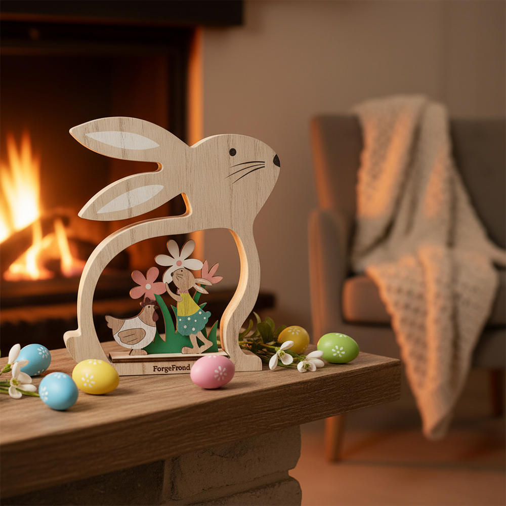 ForgeFrond Easter Bunny Decorations - Works of Art of Wood, Wooden Rabbit Figurine for Home Tabletop, Rustic Easter Gift for Kids & Family, Entryway,Living Room & Office Decor