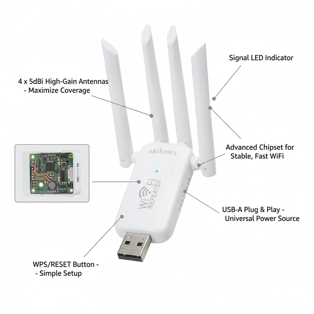 Skdonei Computer hardware-wireless network repeaters, 4 Antennas USB WiFi Range Extender, Plug-and-Play for Home, Office and Travel