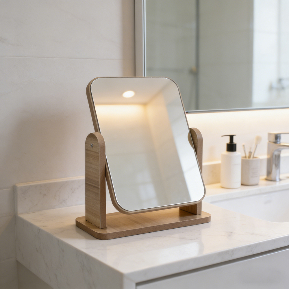 Forlovv 360-Degree Rotatable Mirrors, High-Definition Wooden Tabletop Makeup Mirror for Bedroom Vanity, Bathroom Sink & Daily Grooming