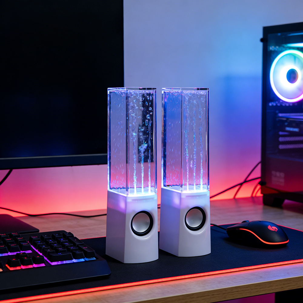 POMER Water Dancing Speakers - USB Powered LED Fountain Loudspeakers with 3.5mm Audio Jack for PC, Laptop, and Desktop Computer