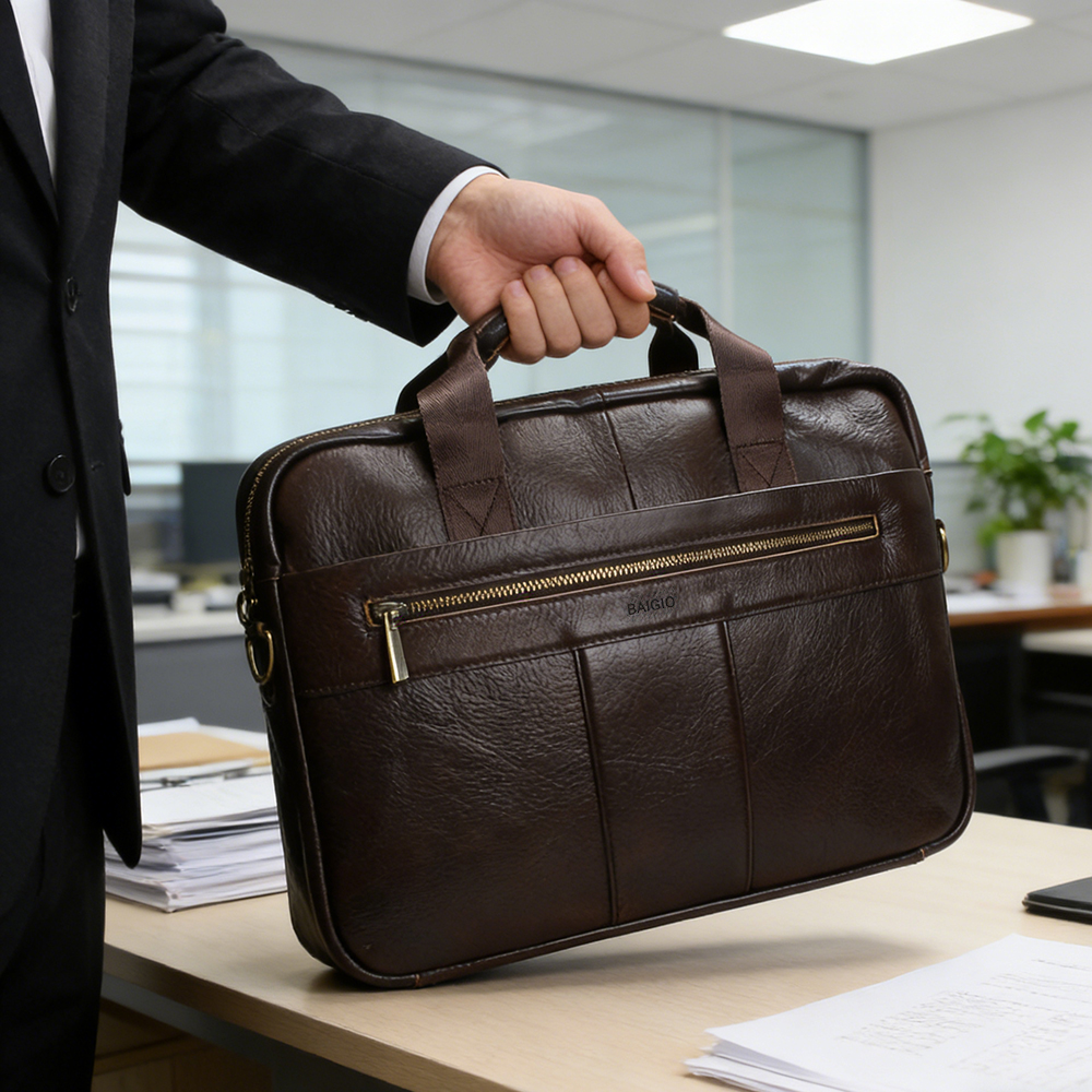 BAIGIO Genuine Leather Briefcases for Men, Vintage Business Laptop Bag with Detachable Strap, Ideal for Office Commute & Daily Work