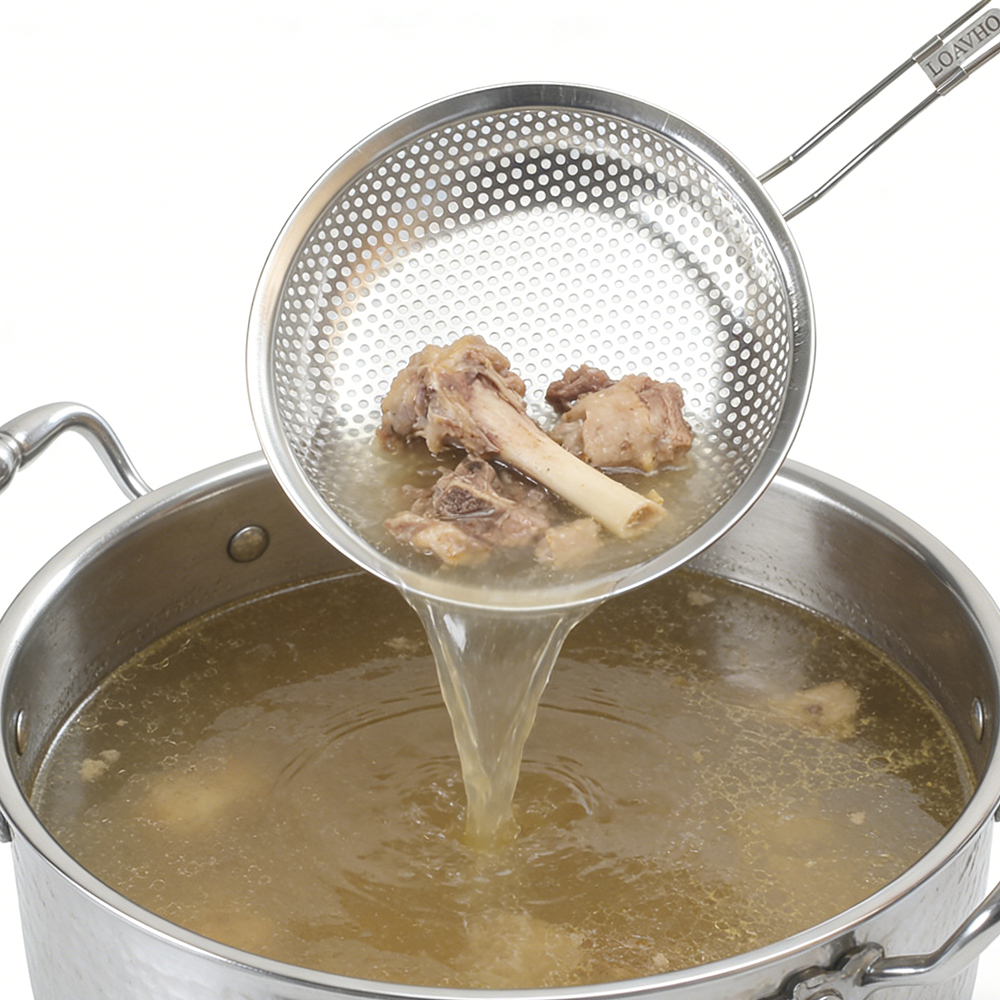 LOAVHO Strainers for Household Purposes,Stainless Steel Strainer with Wooden Handle, for Quickly and Easily Straining Fried Foods, Noodles, and Soups, Suitable for Various Kitchen Tasks