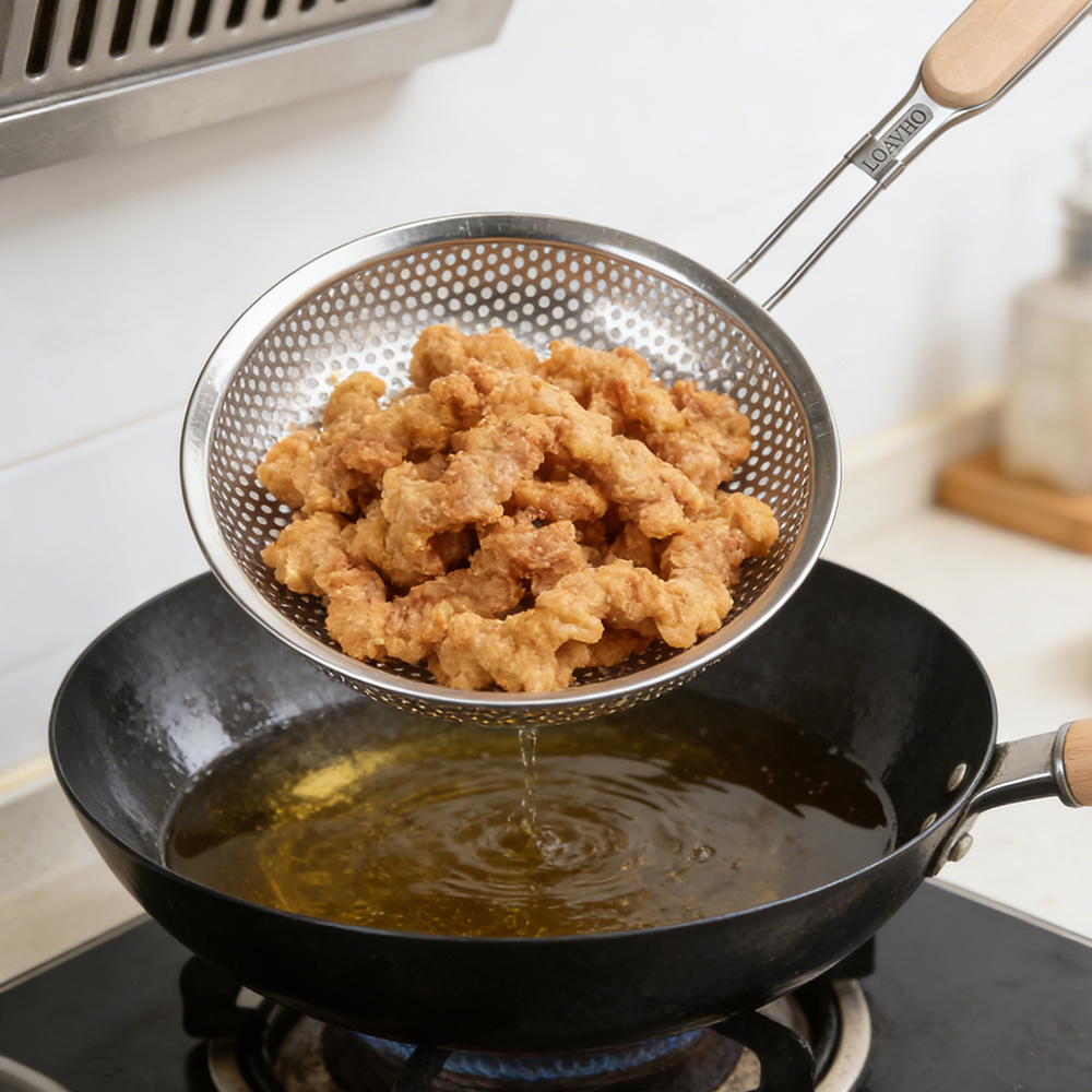 LOAVHO Strainers for Household Purposes,Stainless Steel Strainer with Wooden Handle, for Quickly and Easily Straining Fried Foods, Noodles, and Soups, Suitable for Various Kitchen Tasks