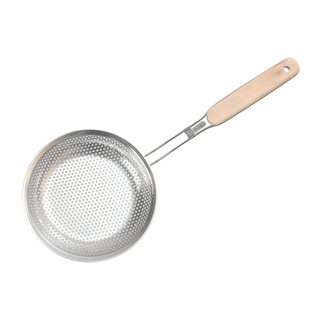 "LOAVHO Stainless Steel Kitchen Strainers for household purposes, Perforated Skimmer Spoon for Noodles, Pasta, and Blanching Vegetables, Heat-Resistant Spider Strainer with Wood Handle "