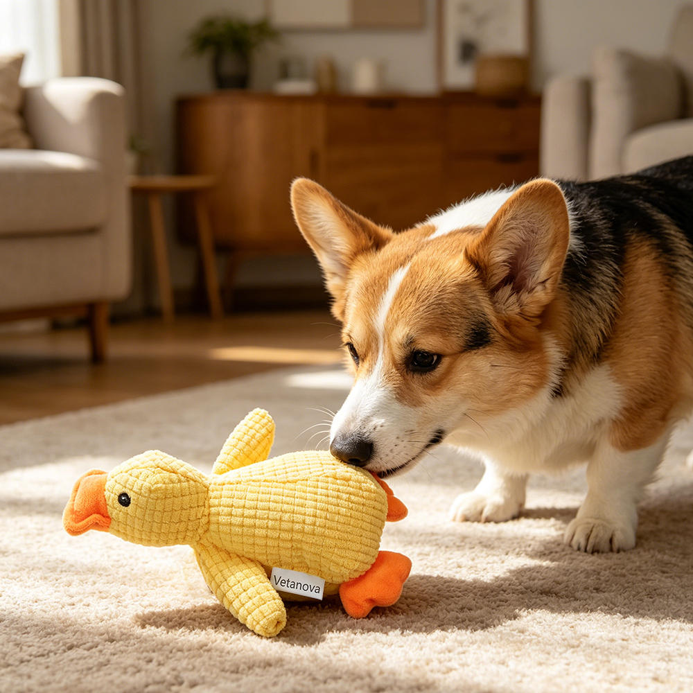 Vetanova Interactive Plush Duck Toy for pets, Squeaker Dog Toy to Relieve Boredom and Anxiety for Small Medium Dogs