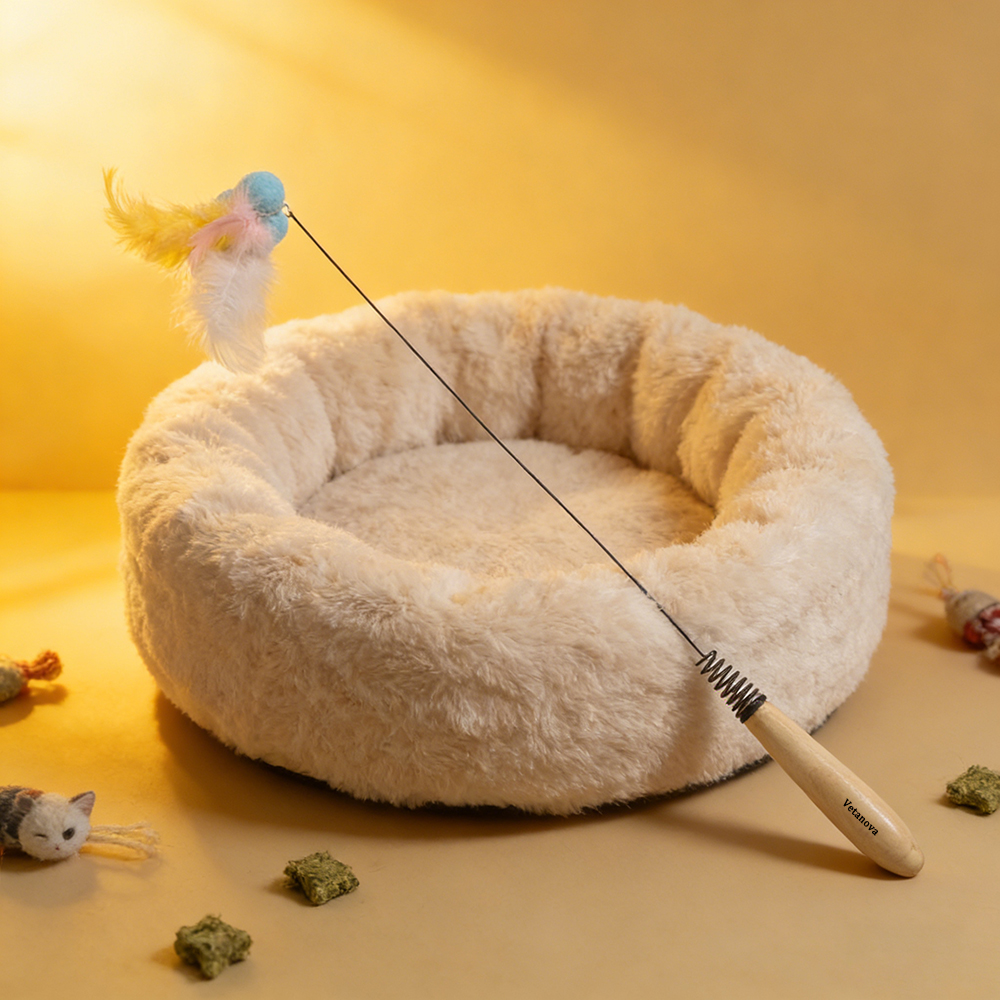 Vetanova Interactive Cat Toys Wand - Flexible Steel Wire Feather Teaser with Natural Wooden Handle and Spring, Durable Cat Wand for Indoor Cats and Kittens Exercise and Play.