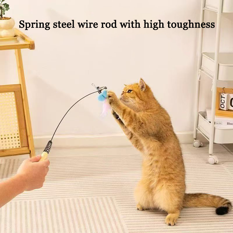 Vetanova Interactive Cat Toys Wand - Flexible Steel Wire Feather Teaser with Natural Wooden Handle and Spring, Durable Cat Wand for Indoor Cats and Kittens Exercise and Play.