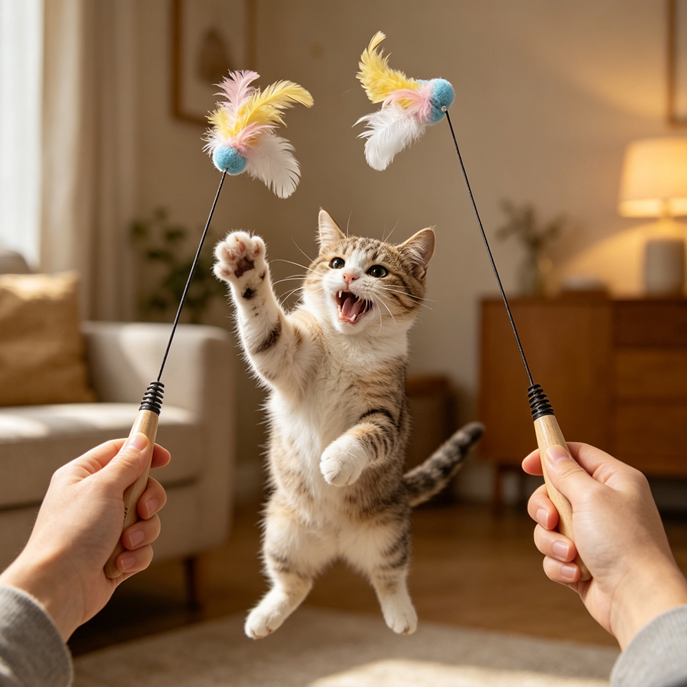 Vetanova Interactive Cat Toys Wand - Flexible Steel Wire Feather Teaser with Natural Wooden Handle and Spring, Durable Cat Wand for Indoor Cats and Kittens Exercise and Play.