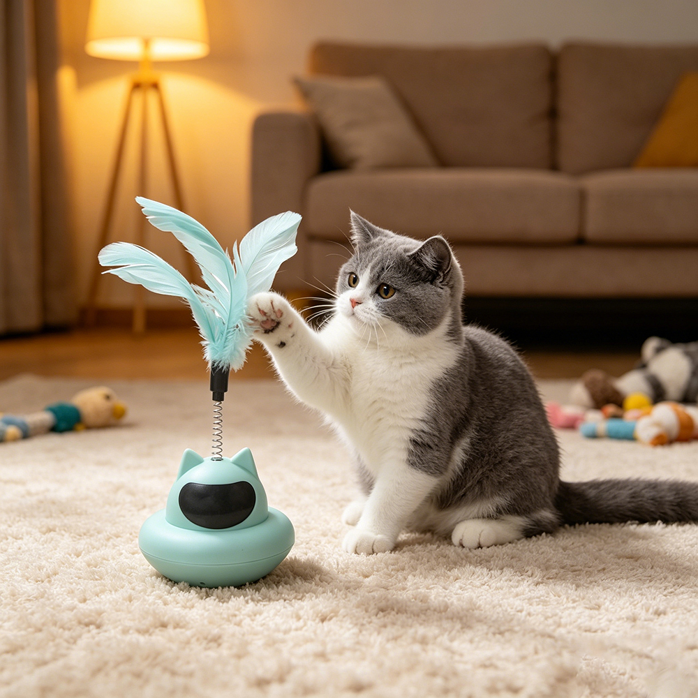 PetSphere Interactive Pet toys - Wobbling Tumbler Cat Toy with Spring Feather Wand, Automatic Bouncing Kitten Teaser for Indoor Floor Exercise and Self-Play.