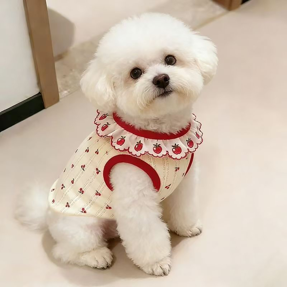 Zetiapax Costumes for Animals, Sweet Cherry Pattern Pet Clothes, Soft Cotton Dog Cat Tank Top with Red Trim, Comfortable Pet Apparel for Indoor Wear, Outdoor Walks, Daily Wear