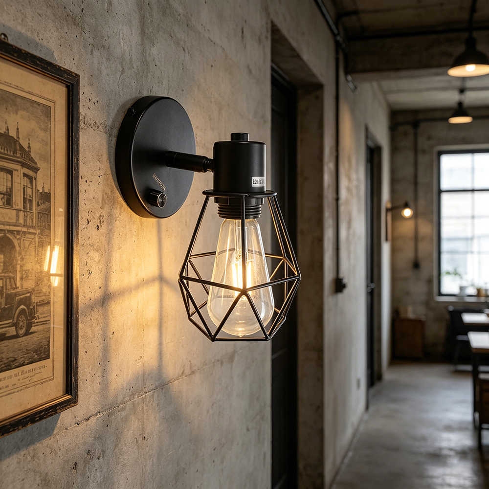LIGHTESS Dimmable Wall Lamp, Retro Metal Wire Cage Lamps for Indoor Wall Lighting, Industrial Black Sconce Fixture for Bedside, Kitchen, Cafe, and Farmhouse Decor