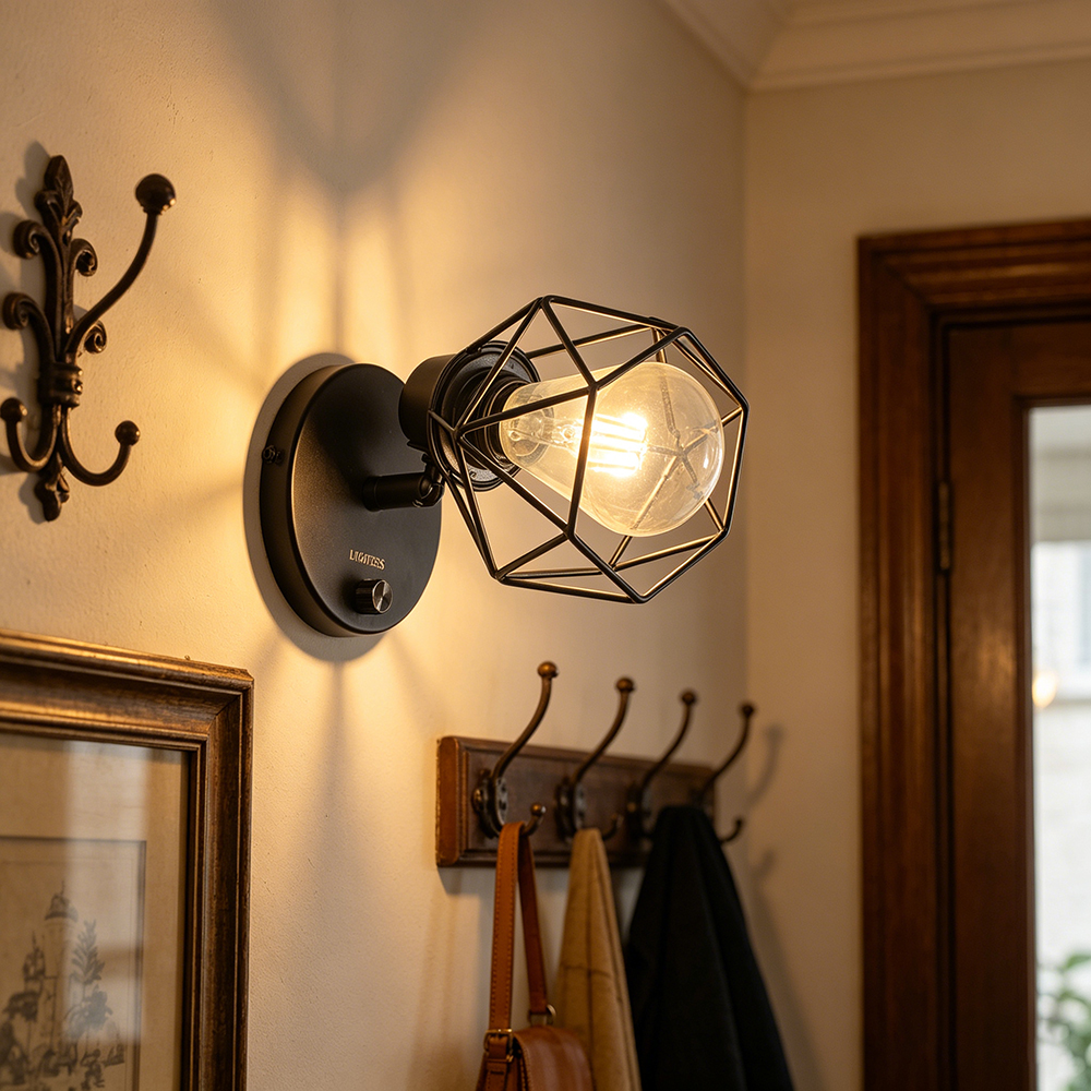 LIGHTESS Dimmable Wall Lamp, Retro Metal Wire Cage Lamps for Indoor Wall Lighting, Industrial Black Sconce Fixture for Bedside, Kitchen, Cafe, and Farmhouse Decor