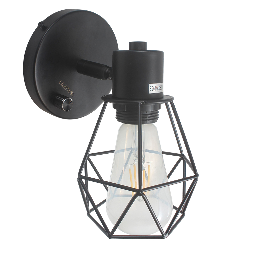 LIGHTESS Dimmable Wall Lamp, Retro Metal Wire Cage Lamps for Indoor Wall Lighting, Industrial Black Sconce Fixture for Bedside, Kitchen, Cafe, and Farmhouse Decor