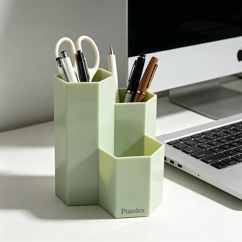 Ptaedex 3-Compartment Hexagon Organizers for stationery use, Desktop Pen Pencil Holder for Office, School Supplies and Makeup Brush Storage, Mint Green