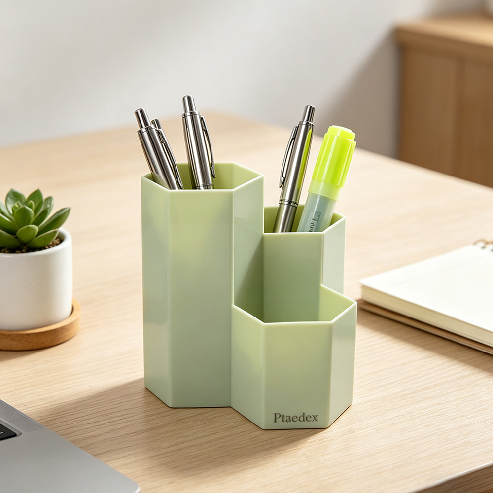 Ptaedex 3-Compartment Hexagon Organizers for stationery use, Desktop Pen Pencil Holder for Office, School Supplies and Makeup Brush Storage, Mint Green
