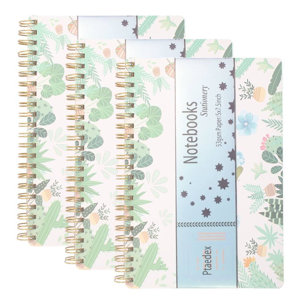 Ptaedex 3 Pack Spiral Notebooks Stationery Set, 5 x 7.5 Inch Botanical Cactus Design Journals with Gold Wire Binding, Small Portable Notepads for School, Office and Home Note Taking