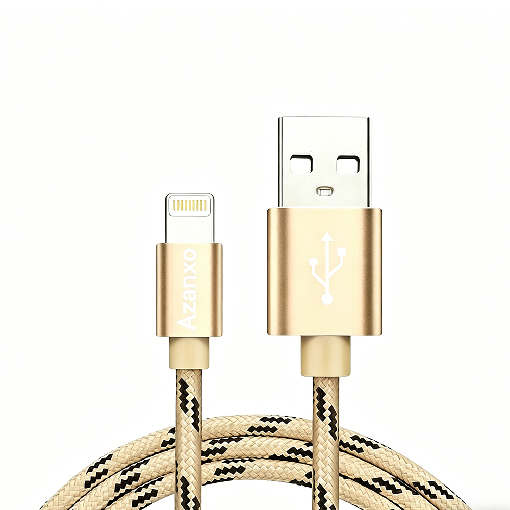 Azanxo 1.5M/5FT iPhone Lightning Data Cables, Durable Braided Charging Cord, High-Speed Data Transfer & Fast Charging Cable for iPhone/iPad, Ideal for Car Travel, Office Work & Daily Use - Gold 2 Pack