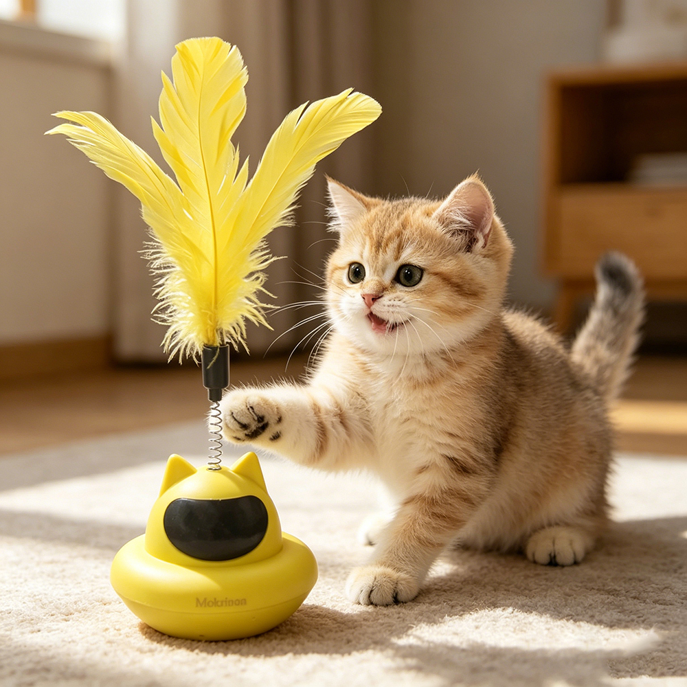 Mokrinon Interactive Cat Toy, Feather Spring Tumbler Pet Toys for Indoor Cats, Automatic Wobble Teaser for Exercise and Daily Entertainment at Home