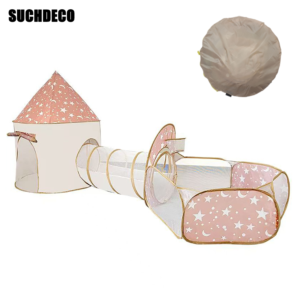SUCHDECO 3-in-1 Play Tents for Kids with Tunnel and Ball Pit, Pop Up Starry Castle Playhouse for Toddlers Girls, Portable Indoor and Outdoor Adventure Set for Backyard & Playroom Games