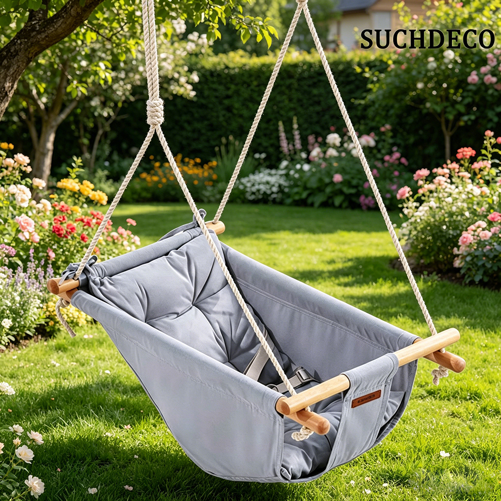 SUCHDECO Canvas Baby Swings, Portable Wooden Toddler Hanging Chair with Comfortable Seat, Sensory Swing for Indoor Nursery Decor, Outdoor Tree and Porch Play