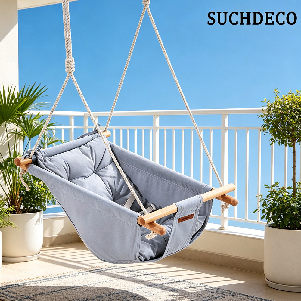 SUCHDECO Canvas Baby Swings, Portable Wooden Toddler Hanging Chair with Comfortable Seat, Sensory Swing for Indoor Nursery Decor, Outdoor Tree and Porch Play