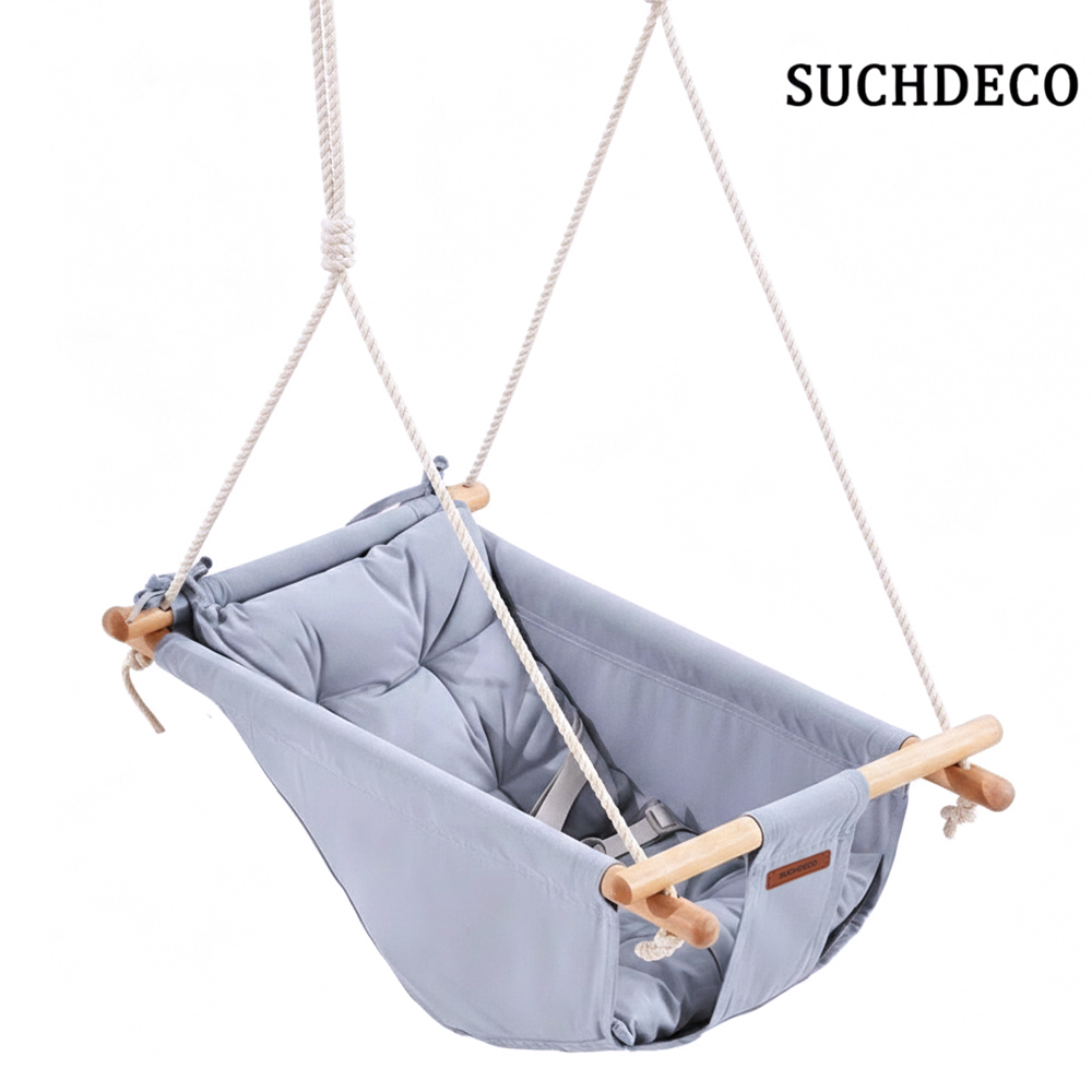 SUCHDECO Canvas Baby Swings, Portable Wooden Toddler Hanging Chair with Comfortable Seat, Sensory Swing for Indoor Nursery Decor, Outdoor Tree and Porch Play