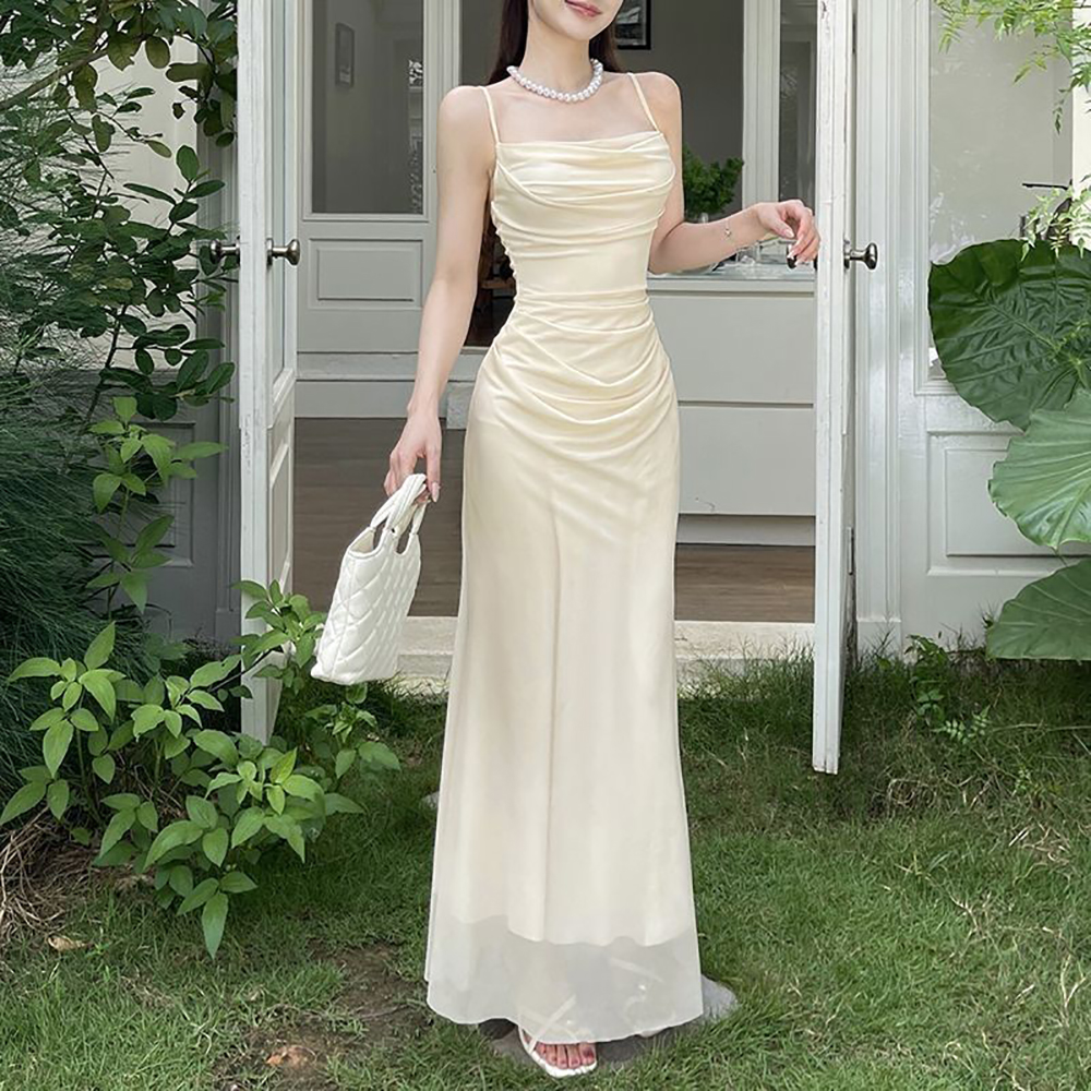HideRacoon Elegant Cowl Neck Satin Slip Dress, Formalwear, namely, dresses, Ruched Bodycon Midi Gown for Wedding Guest and Cocktail Party