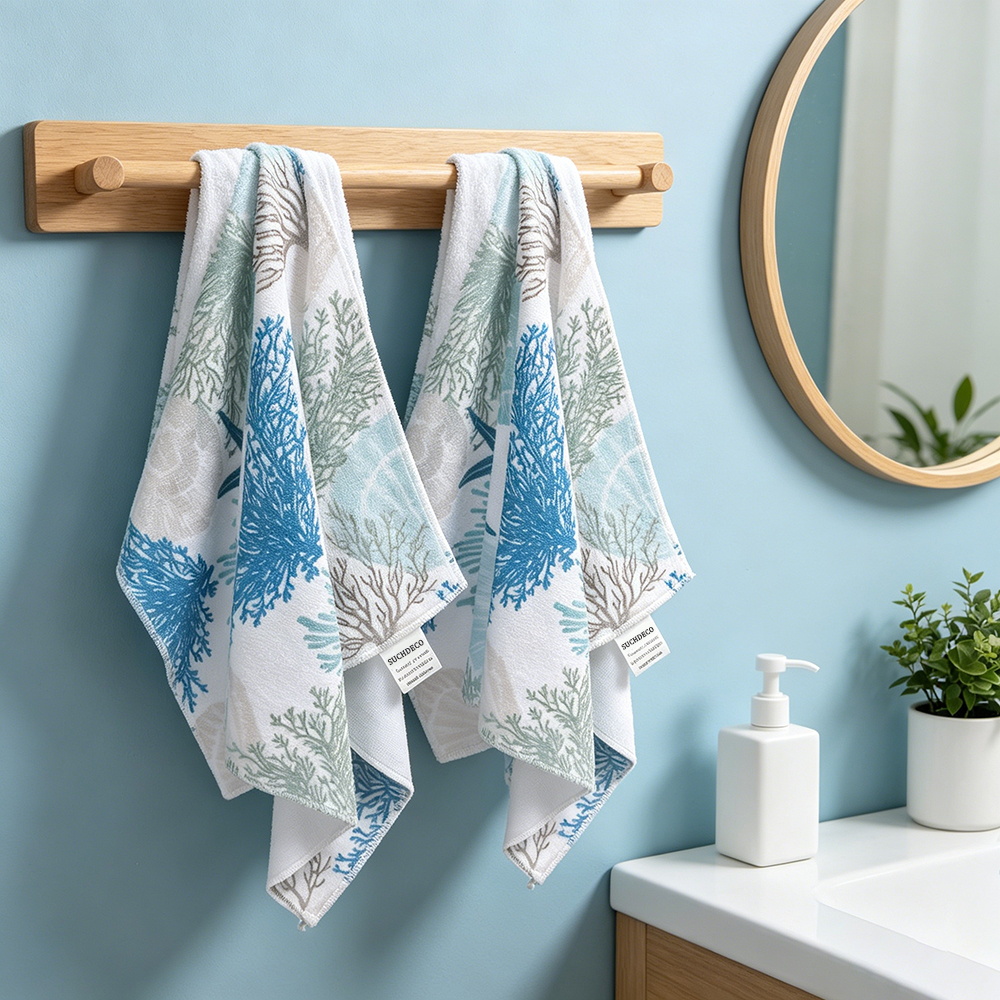SUCHDECO Towels of Textile with Sea Life Pattern, 2-Piece Set Soft Quick Dry Hand Towels for Bathroom and Kitchen, Highly Absorbent Fingertip Towels for Guest Room