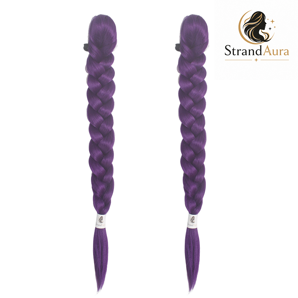 StrandAura 2Pcs Purple Braided Ponytail Extensions for Women - Long Synthetic Clip-in Braid Wigs, Heat Resistant Hairpieces for Cosplay, Halloween, and Daily Party Wear