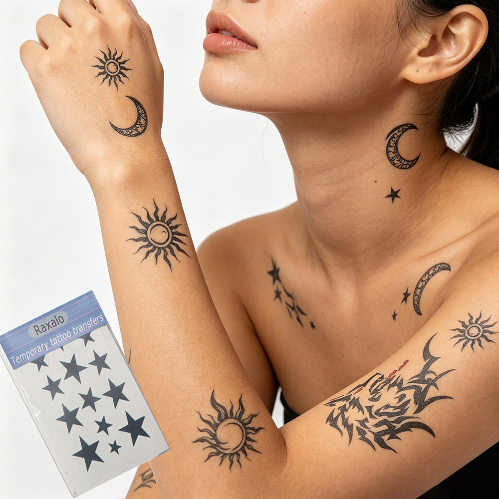 Raxalo 50 Sheets Black Temporary Tattoo Transfers, Assorted Tribal & Star Designs for Kids & Adults, Waterproof Long Lasting Body Art for Birthday Party Favors, Festivals, and Cosplay