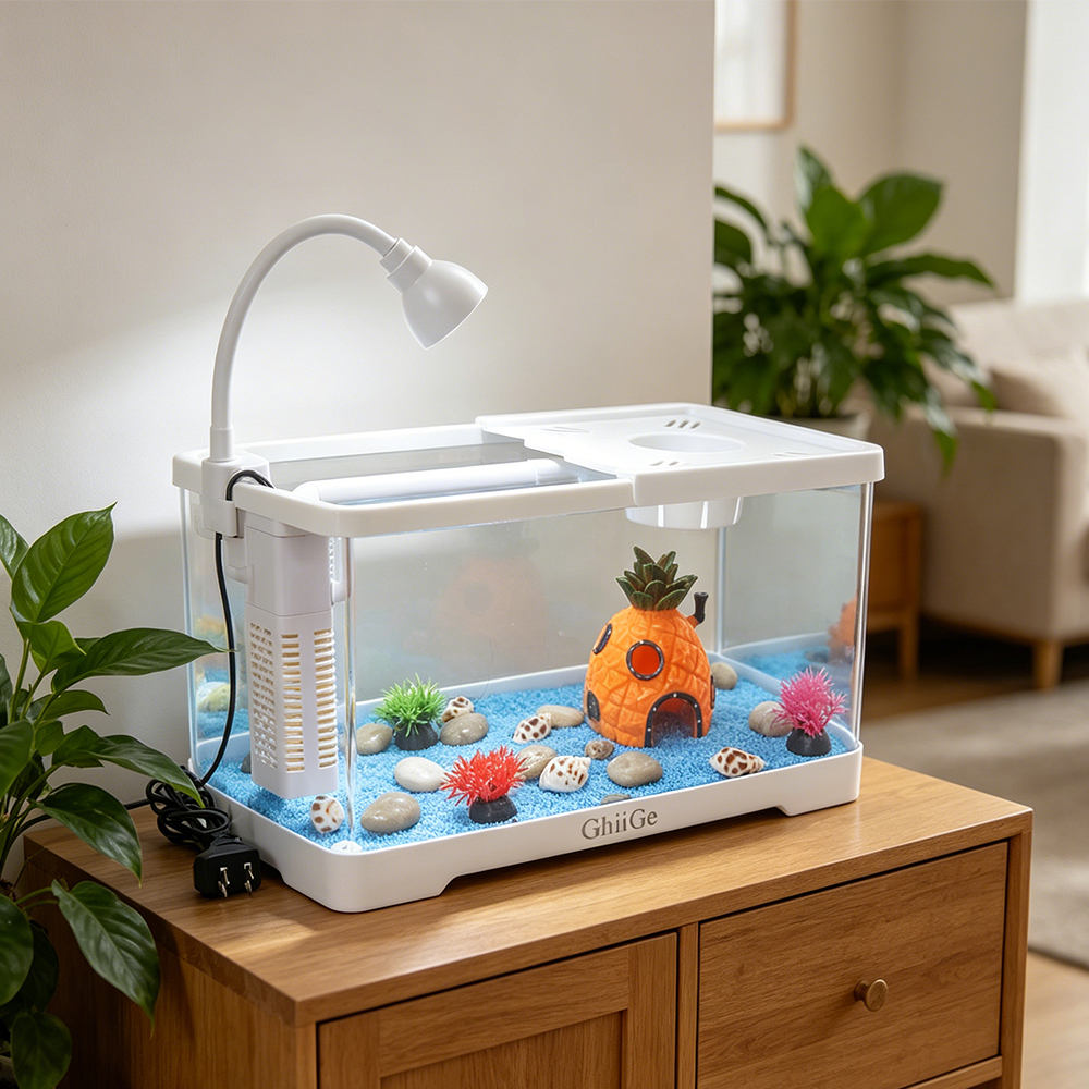 ChiiGe Desktop Indoor Aquaria with Quiet Internal Filter and Flexible LED Lamp, Stylish Mini Aquarium Kit for Office Desk and Study Room, Complete Fish Tank Set for Small Spaces and Stress Relief.