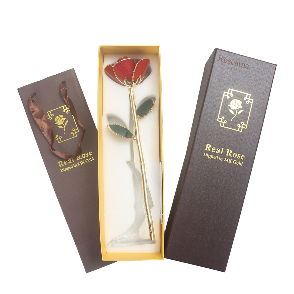Rosearna 24K Gold Dipped Rose, Handcrafted Real Rose with Stand & Gift Box, Eternal Artificial Flowers for Anniversary, Romantic Valentine's Day Birthday Gift for Wife Girlfriend.