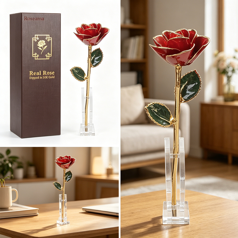 Rosearna 24K Gold Dipped Rose, Handcrafted Real Rose with Stand & Gift Box, Eternal Artificial Flowers for Anniversary, Romantic Valentine's Day Birthday Gift for Wife Girlfriend.