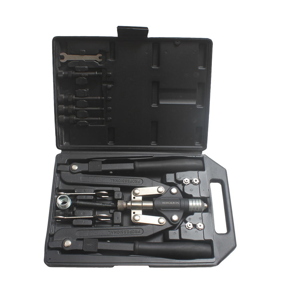 BERGKRON Hand-operated riveting tools with Folding Long Arm, Double Handle Manual Rivet Nut Tool Kit with M4 M5 M6 M8 M10 Mandrels&Nosepiece, Heavy Duty Hand Rivnut Gun Set for Metal Plate Furniture Automotive Repair DIY Home Construction