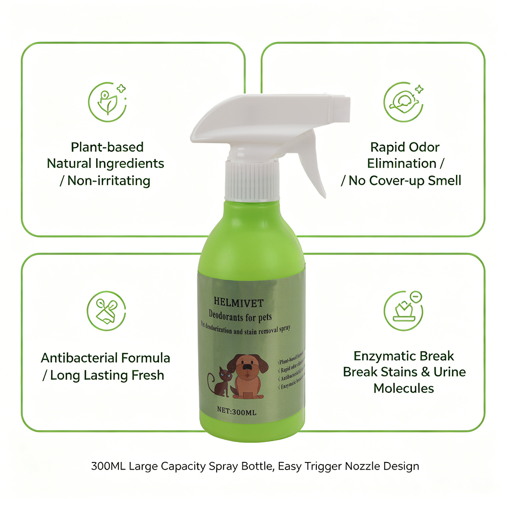 HELMIVET Deodorants for Pets, Biodegradable Enzyme Pet Deodorizer Spray, Fast Acting Odor Neutralizer & Antibacterial Cleaner, Multi-Scene Household Pet Supplies for Dog Cat Bed,300ml