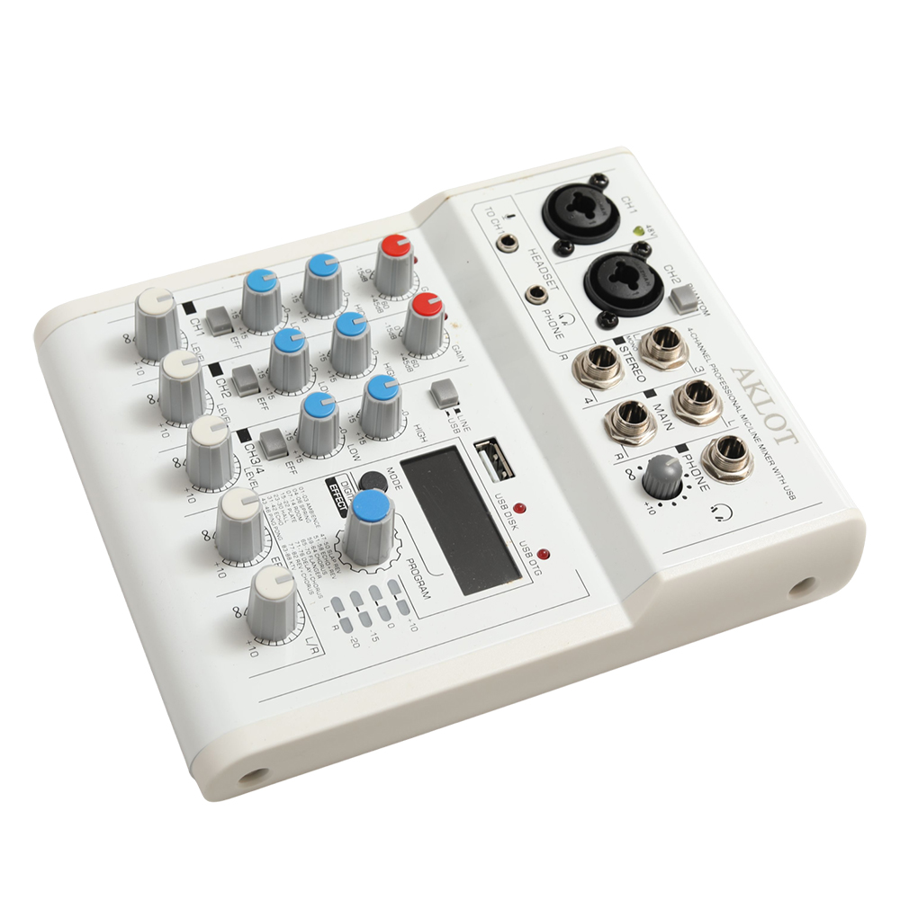 AKLOT 4-Channel Professional Audio Mixer, Mic Line Sound Board with 48V Phantom Power & Bluetooth for Electronic Musical Instruments, Ideal for Podcasting, Live Streaming, and Home Studio Recording