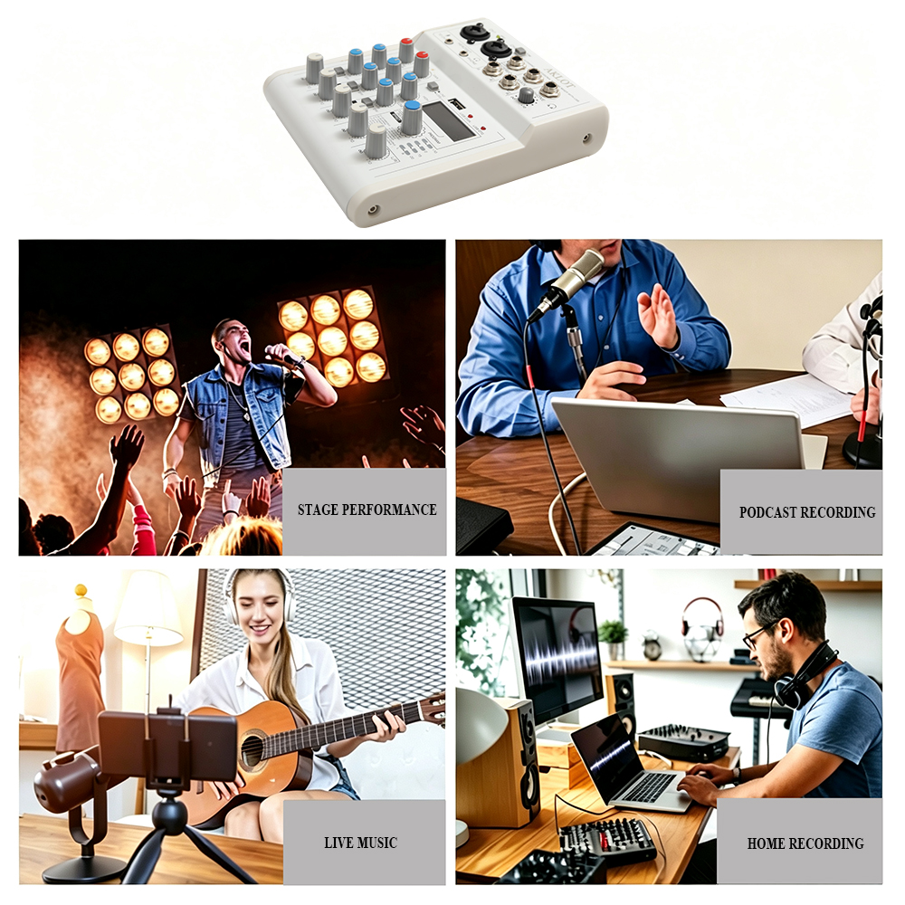AKLOT 4-Channel Professional Audio Mixer, Mic Line Sound Board with 48V Phantom Power & Bluetooth for Electronic Musical Instruments, Ideal for Podcasting, Live Streaming, and Home Studio Recording
