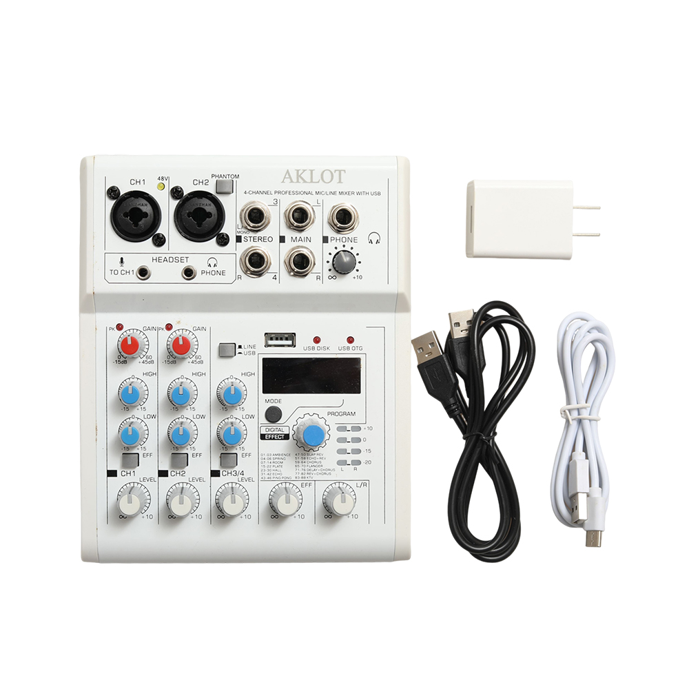 AKLOT 4-Channel Professional Audio Mixer, Mic Line Sound Board with 48V Phantom Power & Bluetooth for Electronic Musical Instruments, Ideal for Podcasting, Live Streaming, and Home Studio Recording. AKLOT 4-Channel Professional Audio Mixer, Mic Line Sound Board with 48V Phantom Power & Bluetooth for Electronic Musical Instruments, Ideal for Podcasting, Live Streaming, and Home Studio Recording.