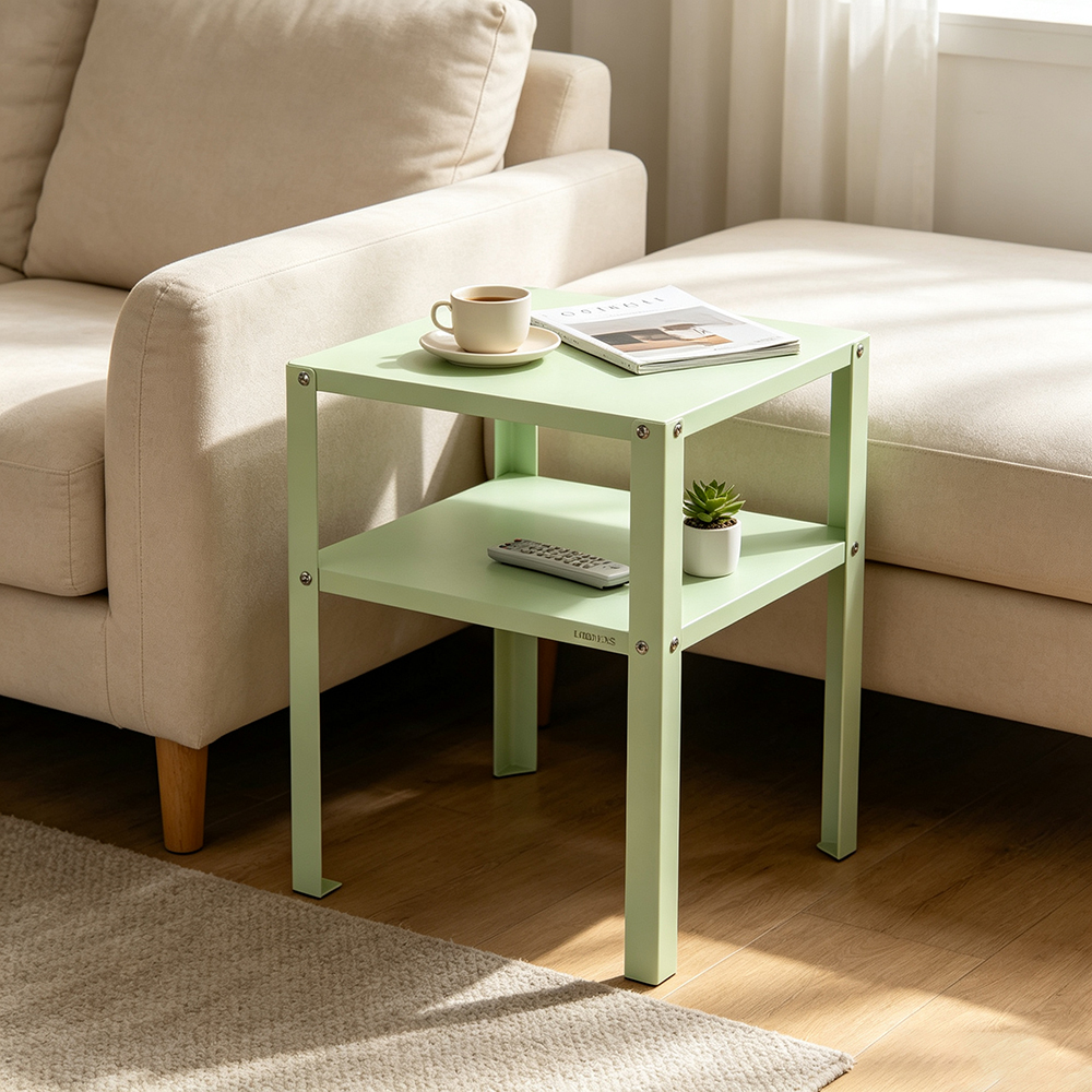 LOIDLVXS Metal Furniture-Mint Green 2-Tier Side Tablewith Storage Shelf – Compact and Versatile for Bedroom, Living Room & Office