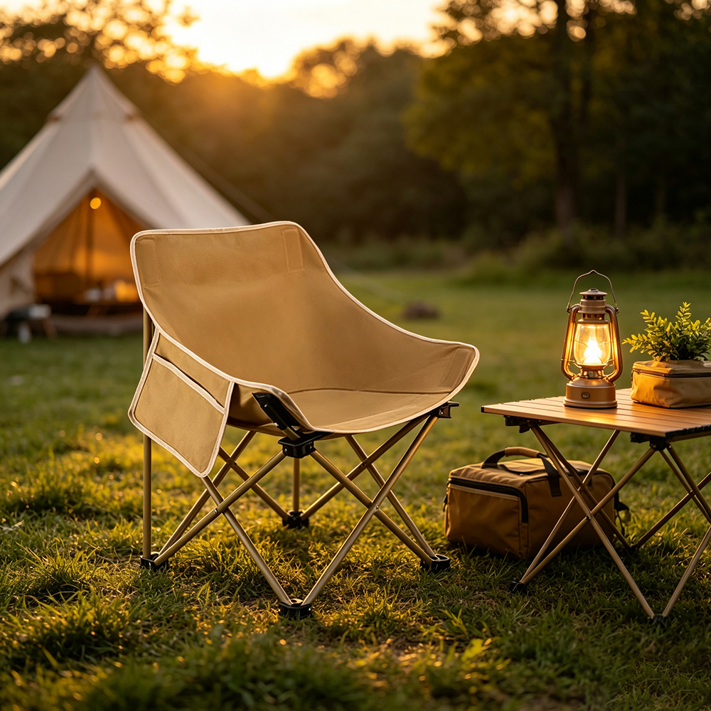 Portable Folding Camping Chair, Heavy Duty Moon Chair Outdoor Furniture with Side Pocket for Picnic, Beach, Hiking and Lawn.