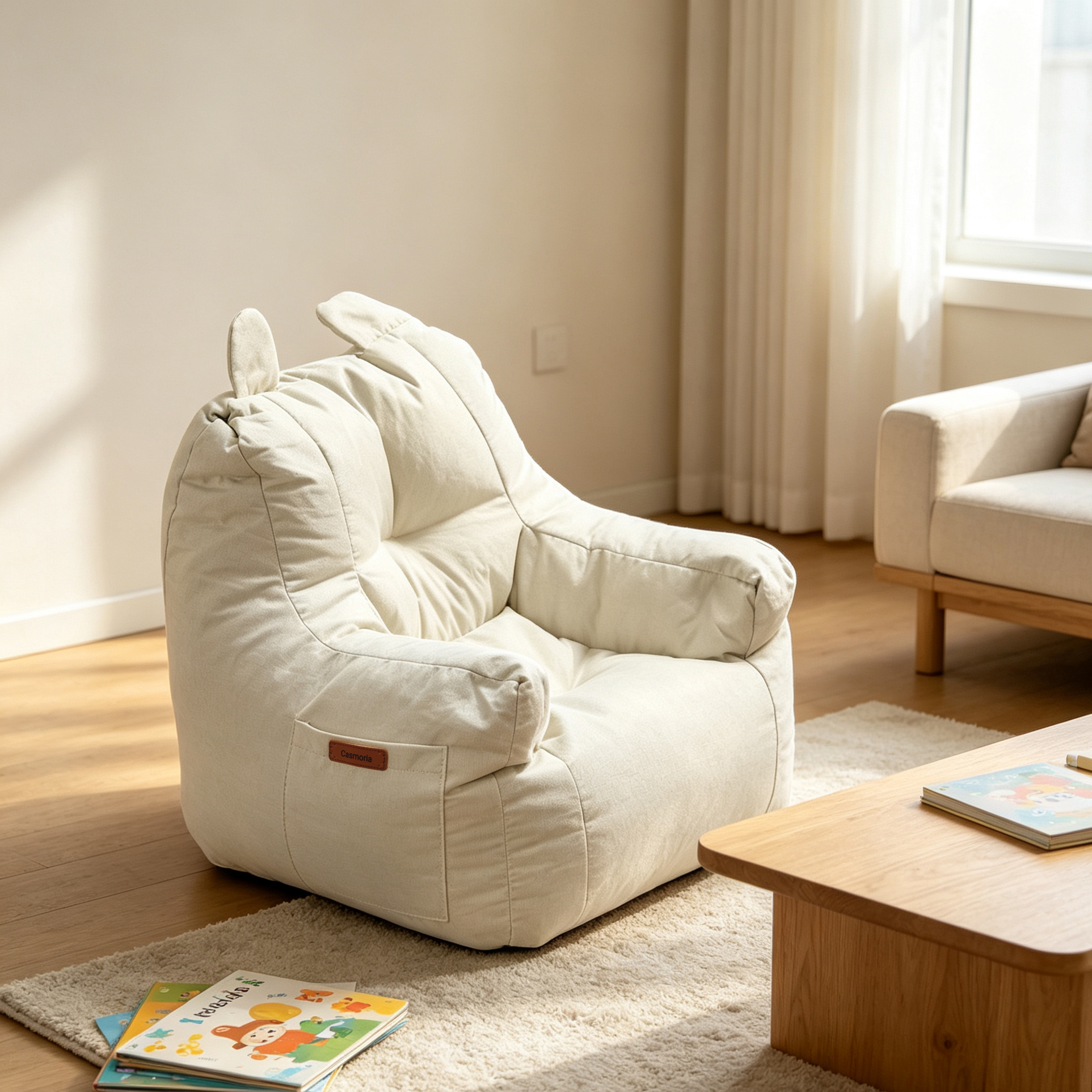 Casmoria Cute Animal Ear Bean Bag Chair for Kids, Soft Plush Lazy Sofa for Reading Nook & Playroom, Comfortable Indoor Furniture for Toddler Bedroom, Cream White