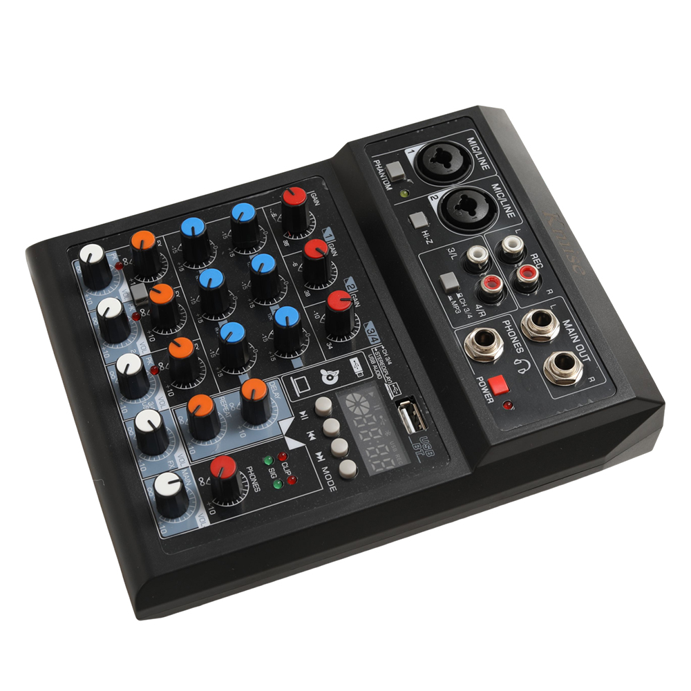 Kmise Professional DJ Mixer Board with Effects, 4-Channel Audio Interface for Live Streaming and YouTube, Compatible with Electronic Musical Instruments, Mic, and PC, Ideal for Content Creators.