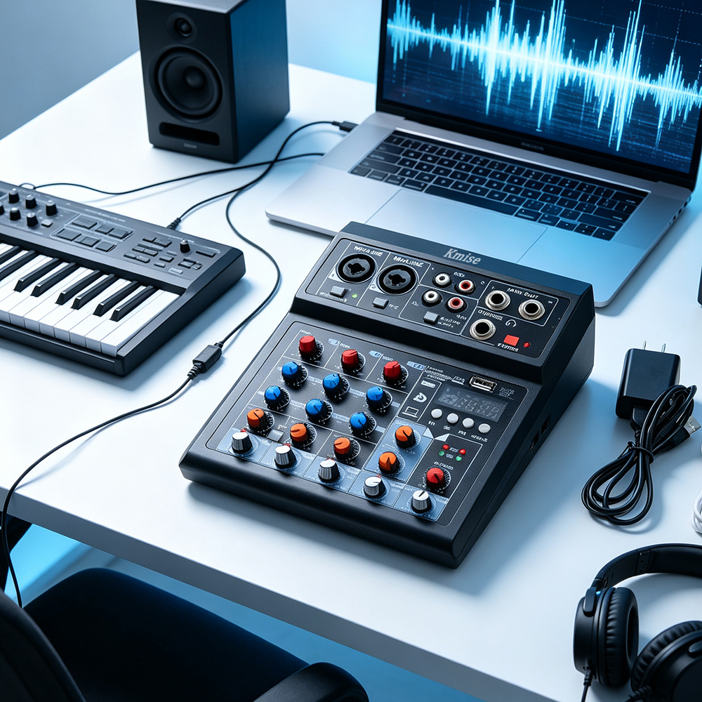 Kmise Professional DJ Mixer Board with Effects, 4-Channel Audio Interface for Live Streaming and YouTube, Compatible with Electronic Musical Instruments, Mic, and PC, Ideal for Content Creators.