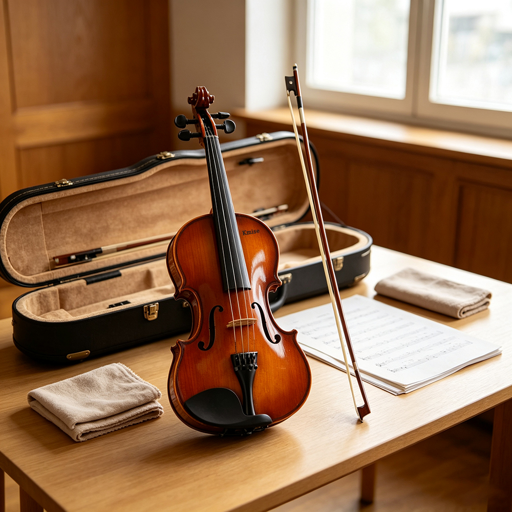 Kmise 4/4 Full Size Acoustic Violin Set for Beginners and Students, Hand-Finished String Instruments for School Practice, Music Lessons and Grading Exams.