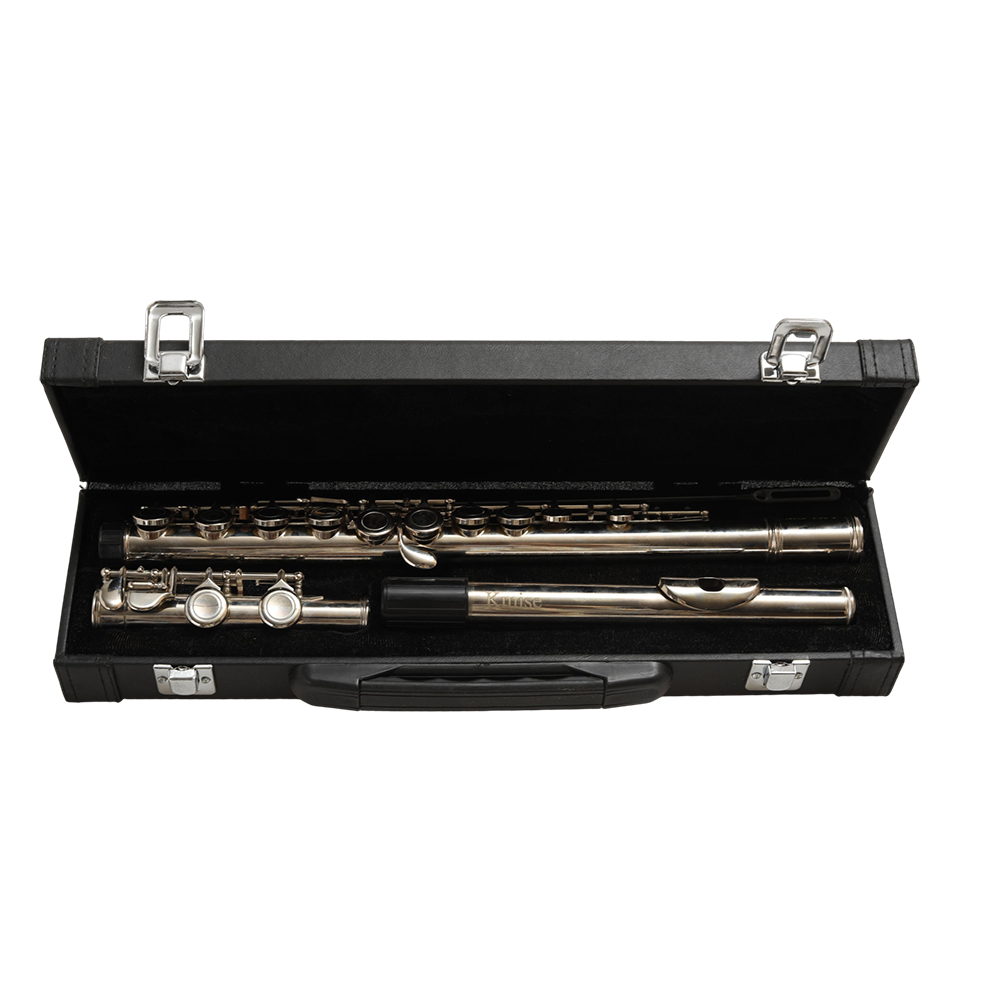 Kmise Wind Instrument – Closed Hole C Flute 16 Keys for Beginners, Complete Kit with Case, Stand & Cleaning Set, Silver Nickel Student Flute for Band Practice