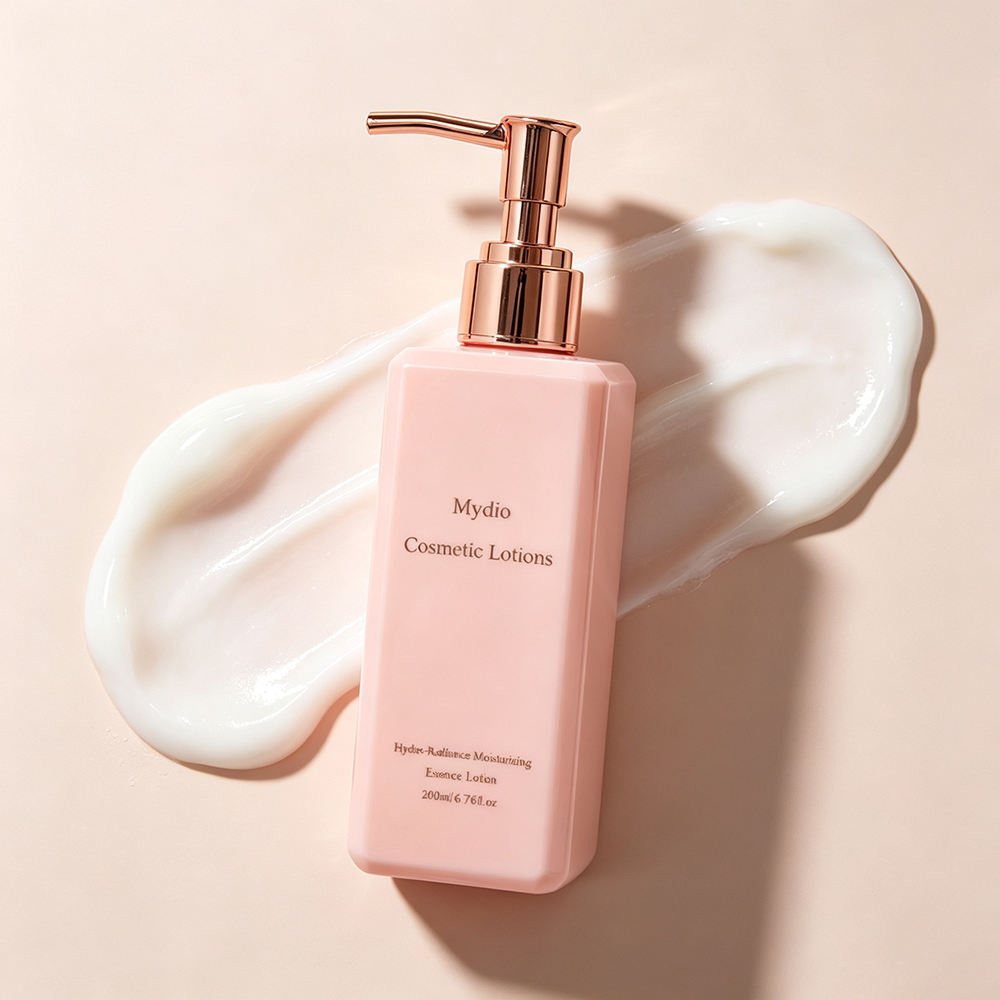 Mydio Hydra-Radiance Moisturizing Essence Lotions for Cosmetic Purposes, 200ml Elegant Pink Bottle with Rose Gold Pump for Daily Face and Body Care.