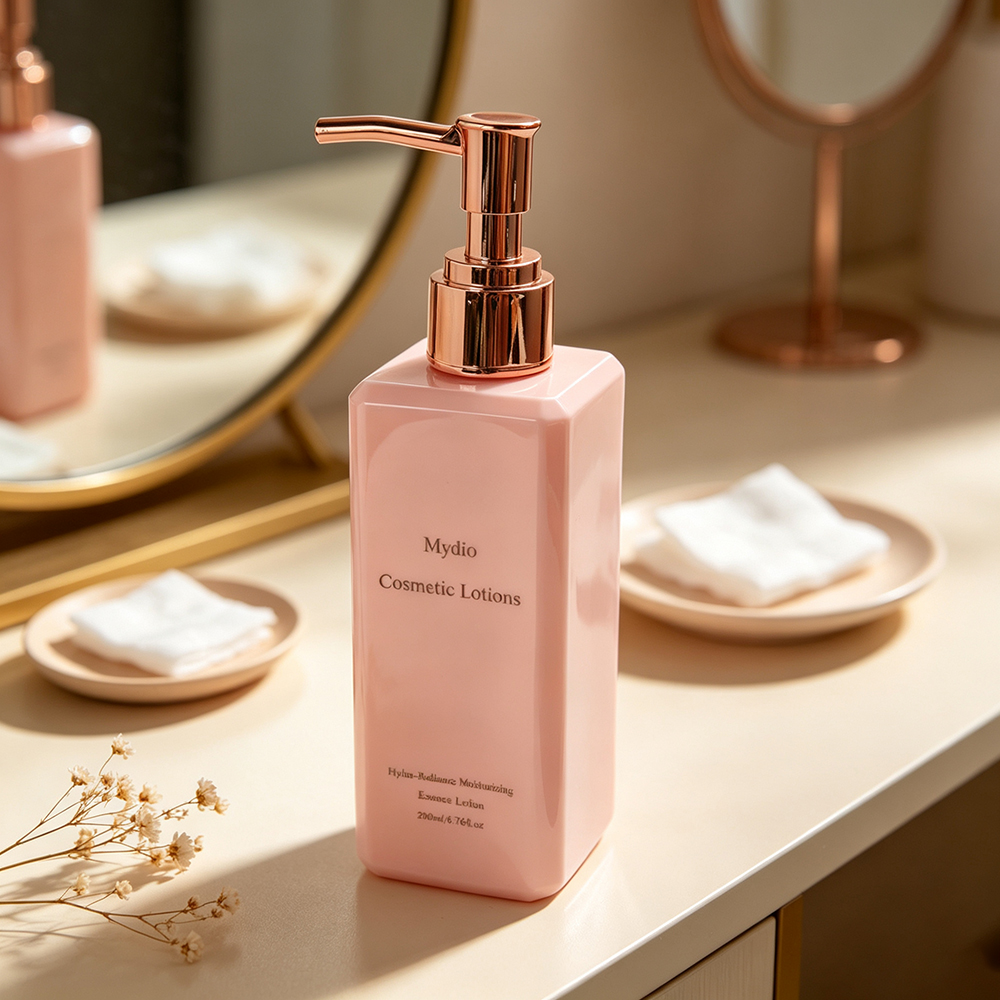 Mydio Hydra-Radiance Moisturizing Essence Lotions for Cosmetic Purposes, 200ml Elegant Pink Bottle with Rose Gold Pump for Daily Face and Body Care.